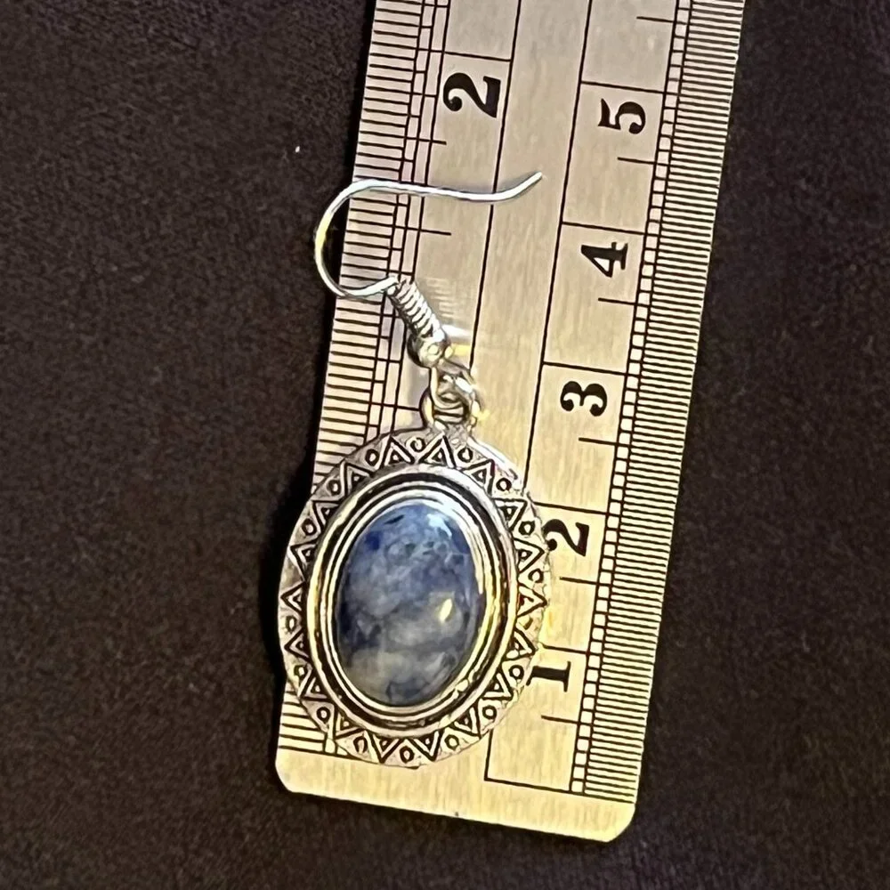 Taxco‑Style Sodalite Earrings – Antique Silver‑Tone Setting – Oval Cabochons - Picture 10 of 10